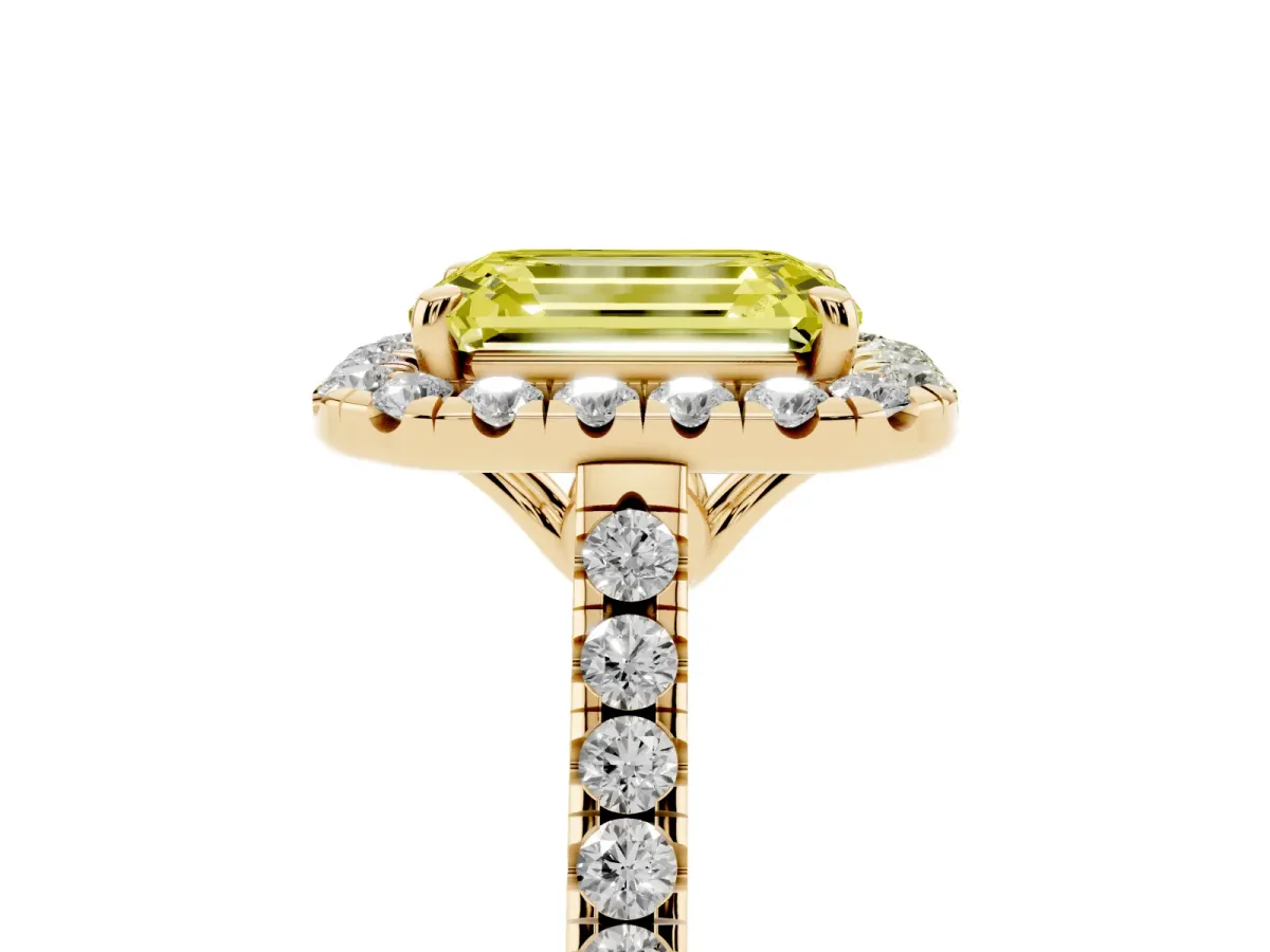Fancy Yellow Emerald Cut Halo Pavé Diamond Engagement Ring with Four-Prong Setting Yellow gold