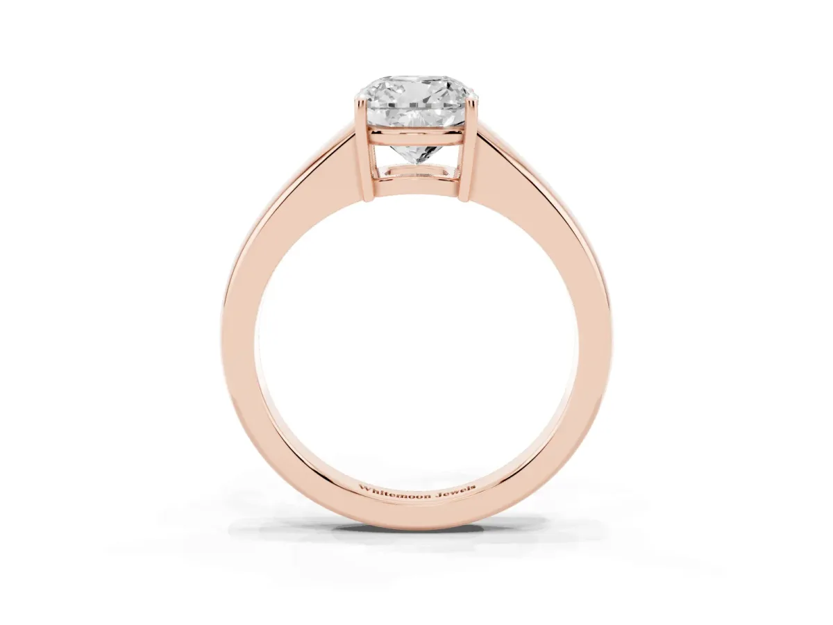 Cushion Cut Solitaire Diamond Ring with Tapered Band and Four-Prong Setting Rose gold