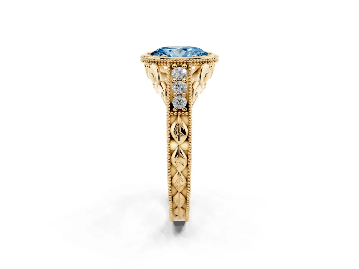 Fancy Blue Bezel Set Oval Cut Diamond Milgrain Pave Engagement Ring Yellow gold