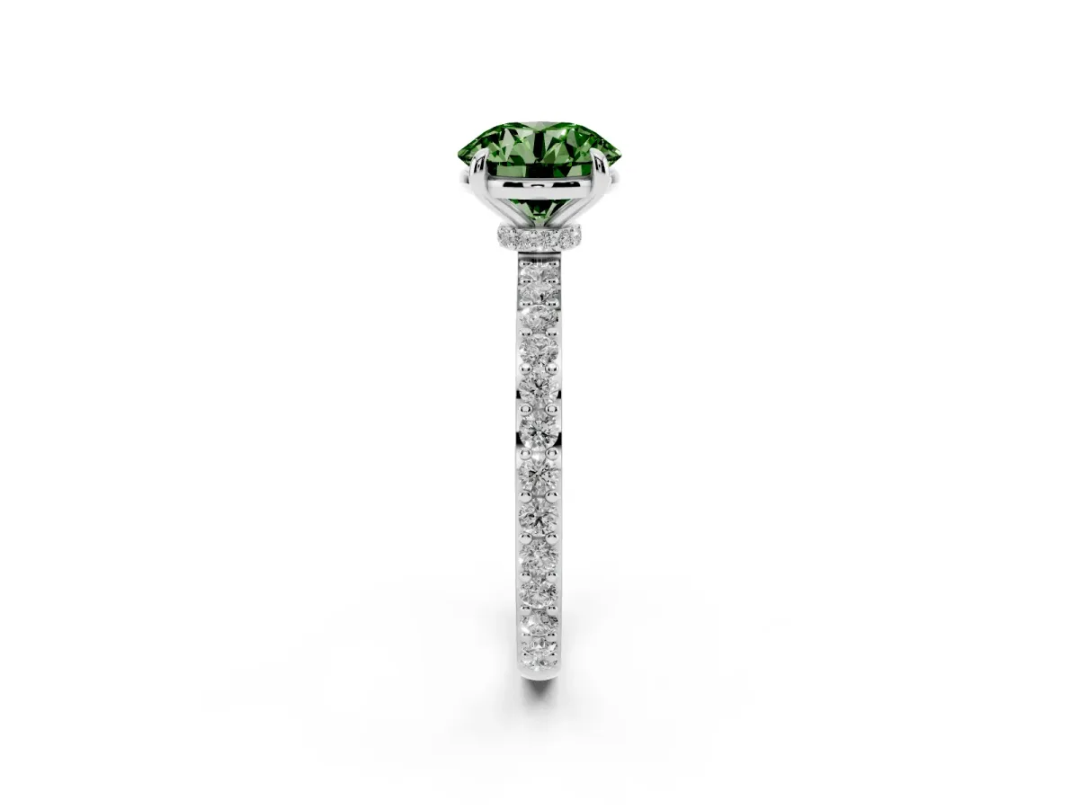 Fancy Green Round Cut Diamond Pavé Engagement Ring with Round Accents and Prong Setting Silver