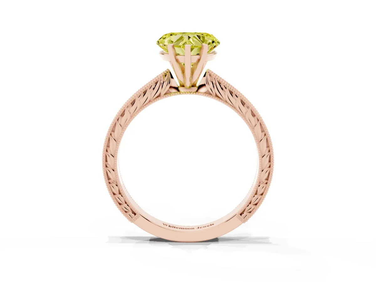 Fancy Yellow Heart Cut Solitaire Milgrain Engraved Band with Four-Prong Setting Rose gold