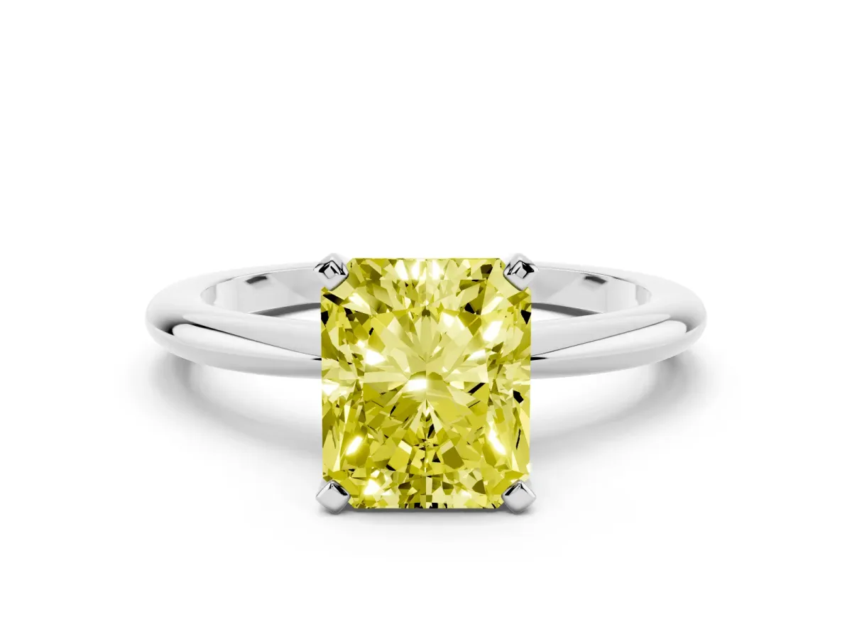 Fancy Yellow Radiant Cut Diamond Solitaire Ring with Prong Setting and Classic Band Silver