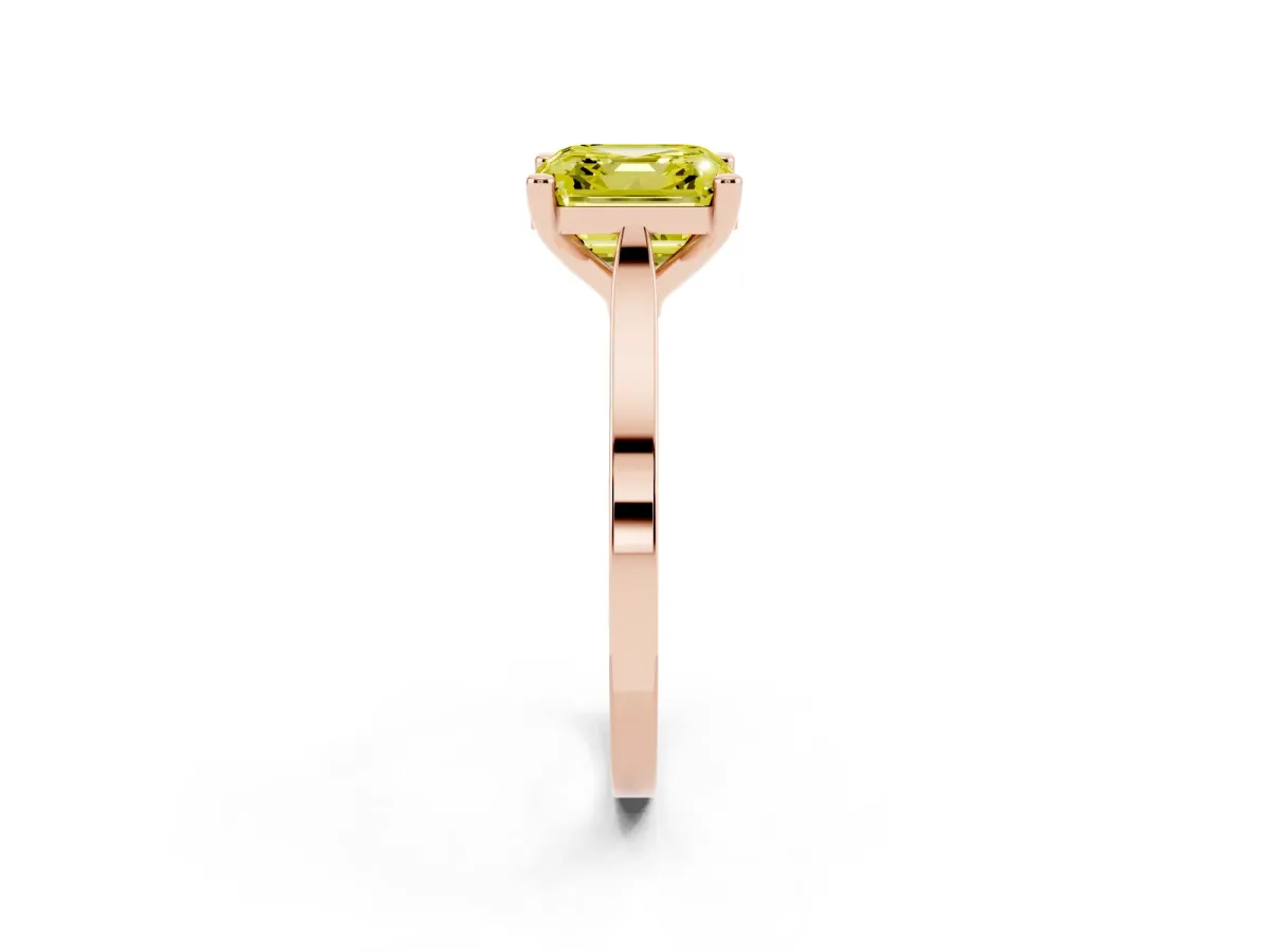 Fancy Yellow Asscher Cut Solitaire Diamond Ring with Four-Prong Setting and Tapered Band Rose gold
