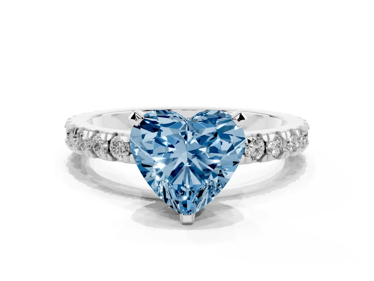 Fancy Blue Heart Cut Diamond Pavé Band Solitaire with Four-Prong Setting Silver