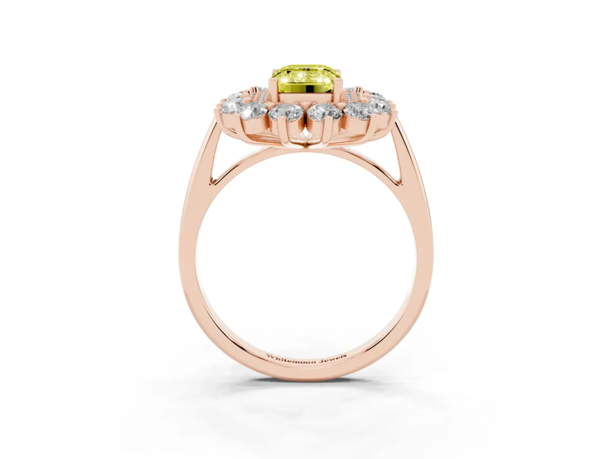 Fancy Yellow Emerald Cut Diamond Floral Double Halo Engagement Ring with Prong Setting Rose gold