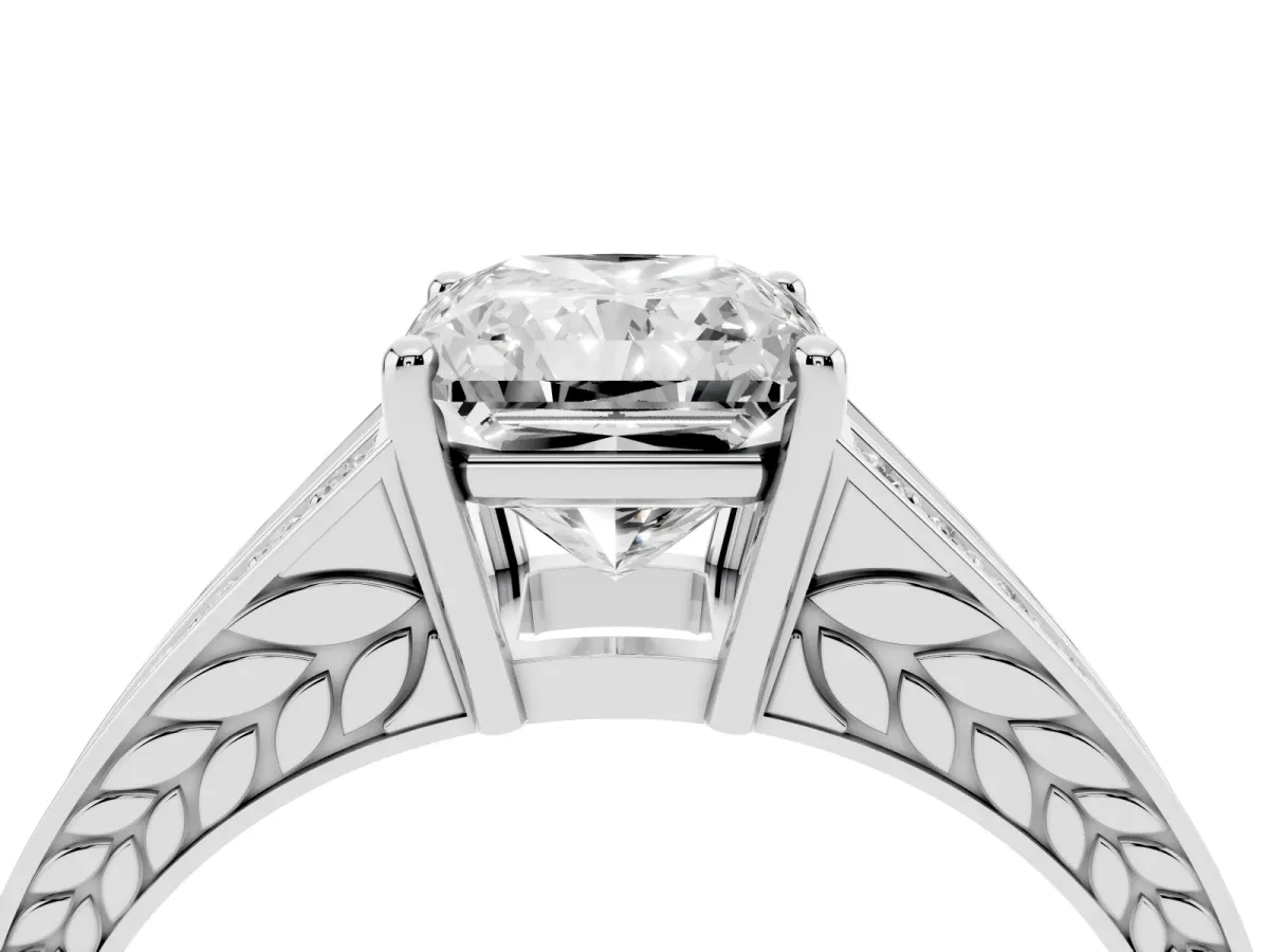 Radiant Cut Diamond Split Shank Ring with Pavé Band and Four-Prong Setting White gold