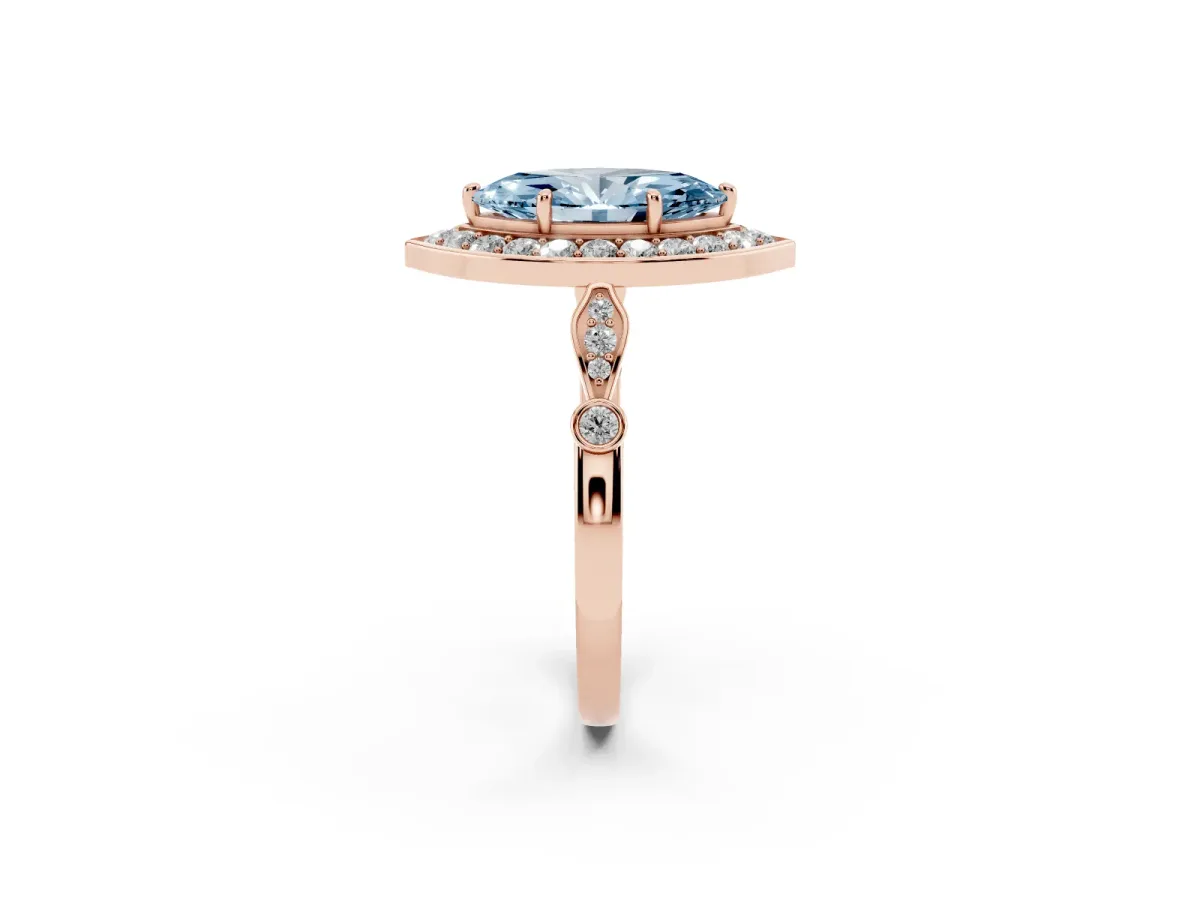 Fancy Blue Marquise Cut Halo Diamond Engagement Ring with Twisted Band and Four-Prong Setting Rose gold
