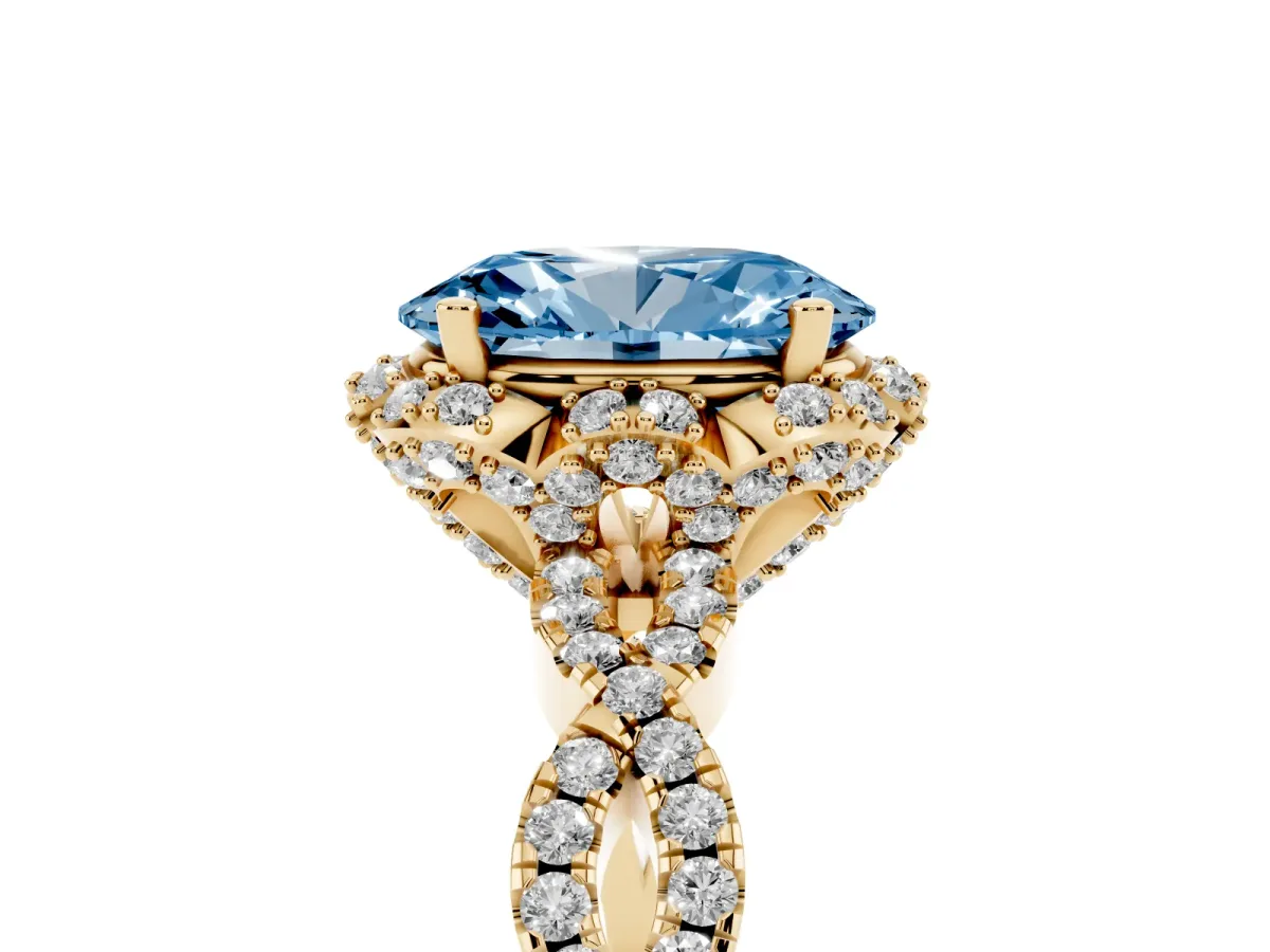 Fancy Blue Oval Cut Halo Twist Band Solitaire Ring with Six-Prong Setting Yellow gold