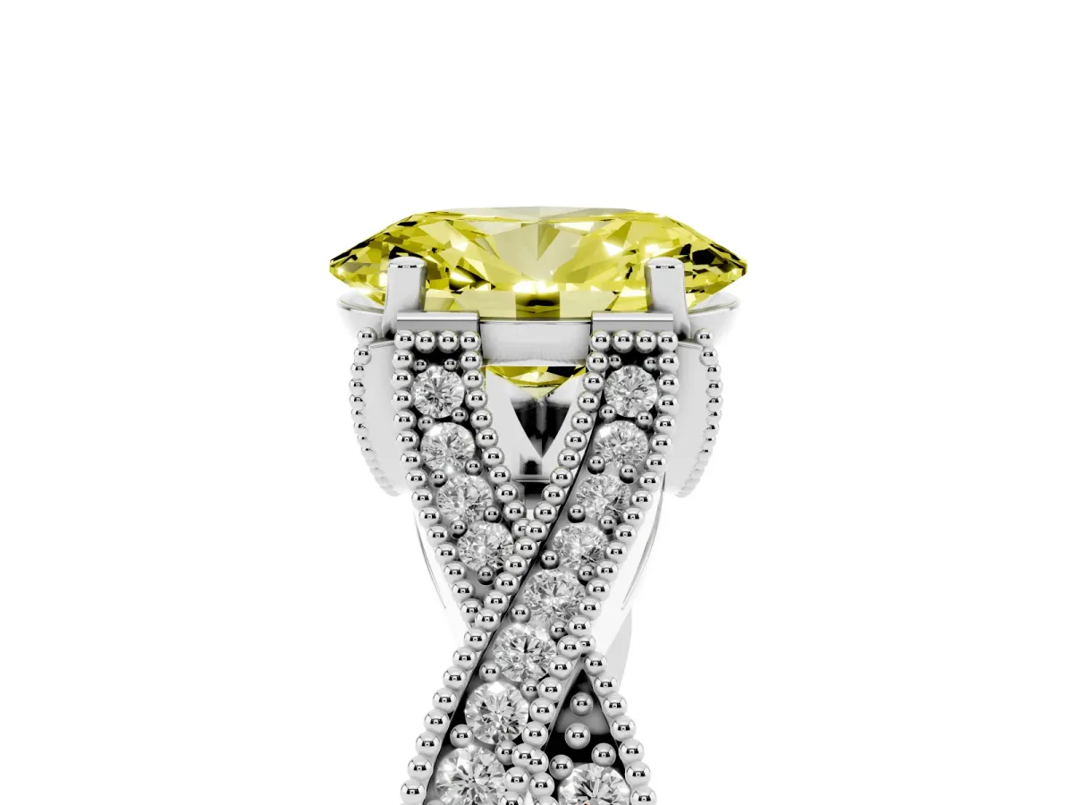 Fancy Yellow Oval Cut Cut Diamond Twisted Band with Milgrain Pave Setting and Four-Prong Setting Silver