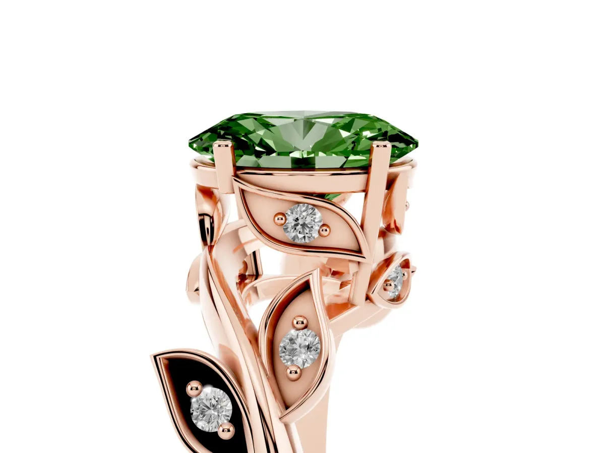 Fancy Green Oval Cut Solitaire Twist Engagement Ring with Leaf Accents and Prong Setting Rose gold