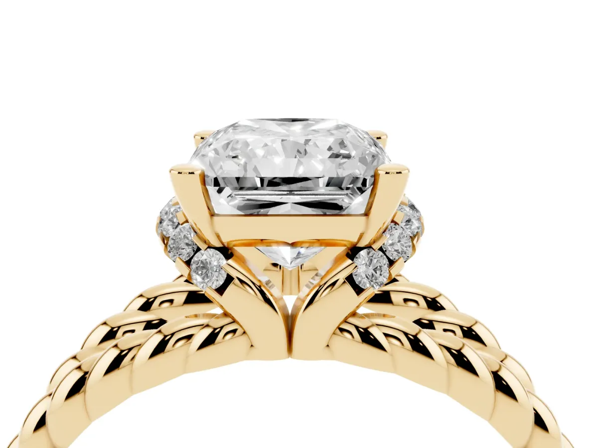 Radiant Cut Halo Twisted Band Four-Prong Ring Yellow gold