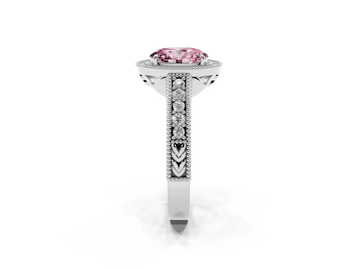 Fancy Pink Oval Cut Cut Halo Diamond Ring with Pavé Band and Four-Prong Setting Silver