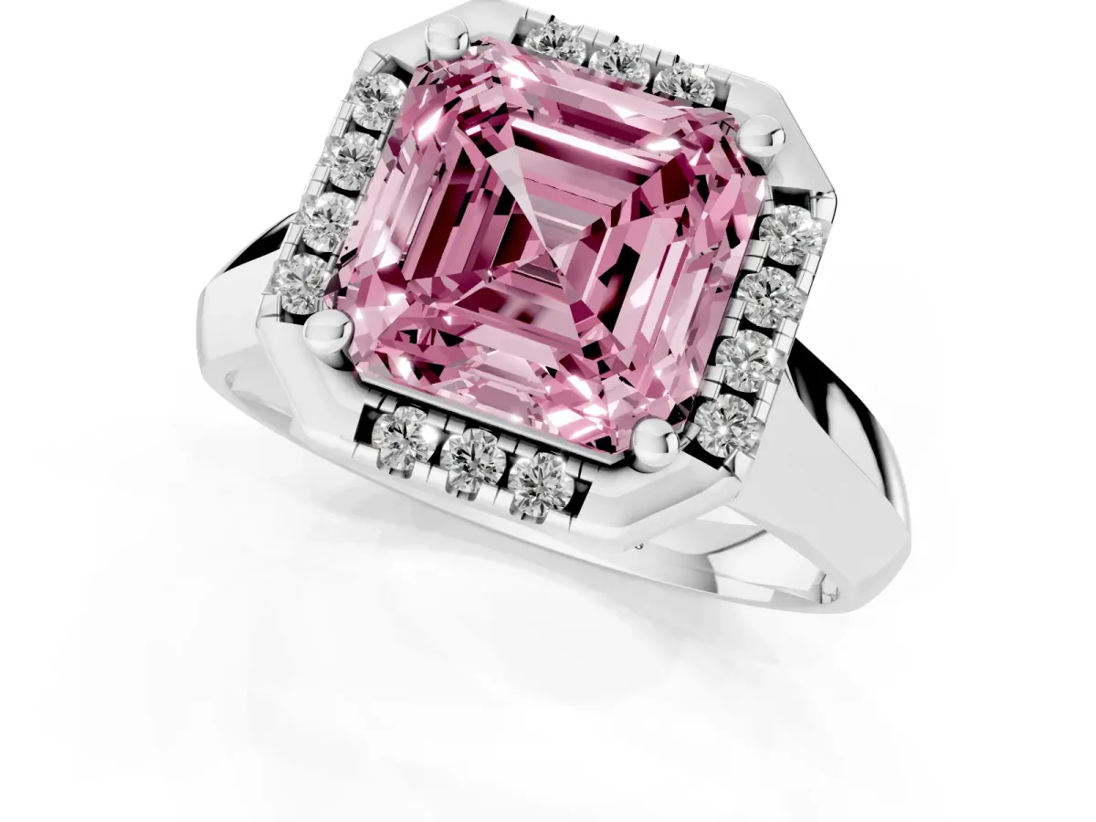 Fancy Pink Asscher Cut Cut Halo Solitaire Engagement Ring with Square Band and Four-Prong Setting Platinum