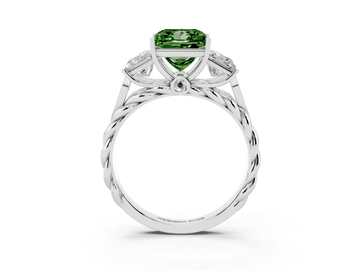 Fancy Green Three-Stone Princess Cut Diamond Braided Band Ring with Four-Prong Setting Silver