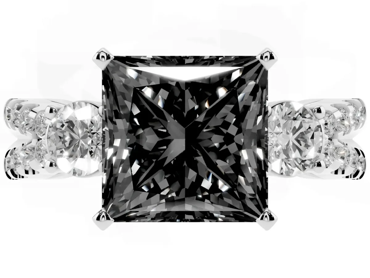 Fancy Black Princess Cut Diamond Three-Stone Ring with Pavé Split Shank and Four-Prong Setting Silver