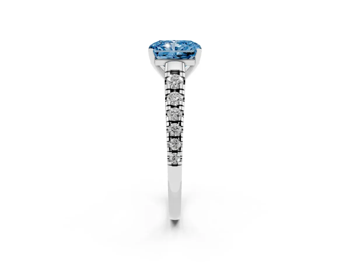 Fancy Blue Radiant Cut Diamond Cathedral Solitaire Ring with Round Pavé Band Silver