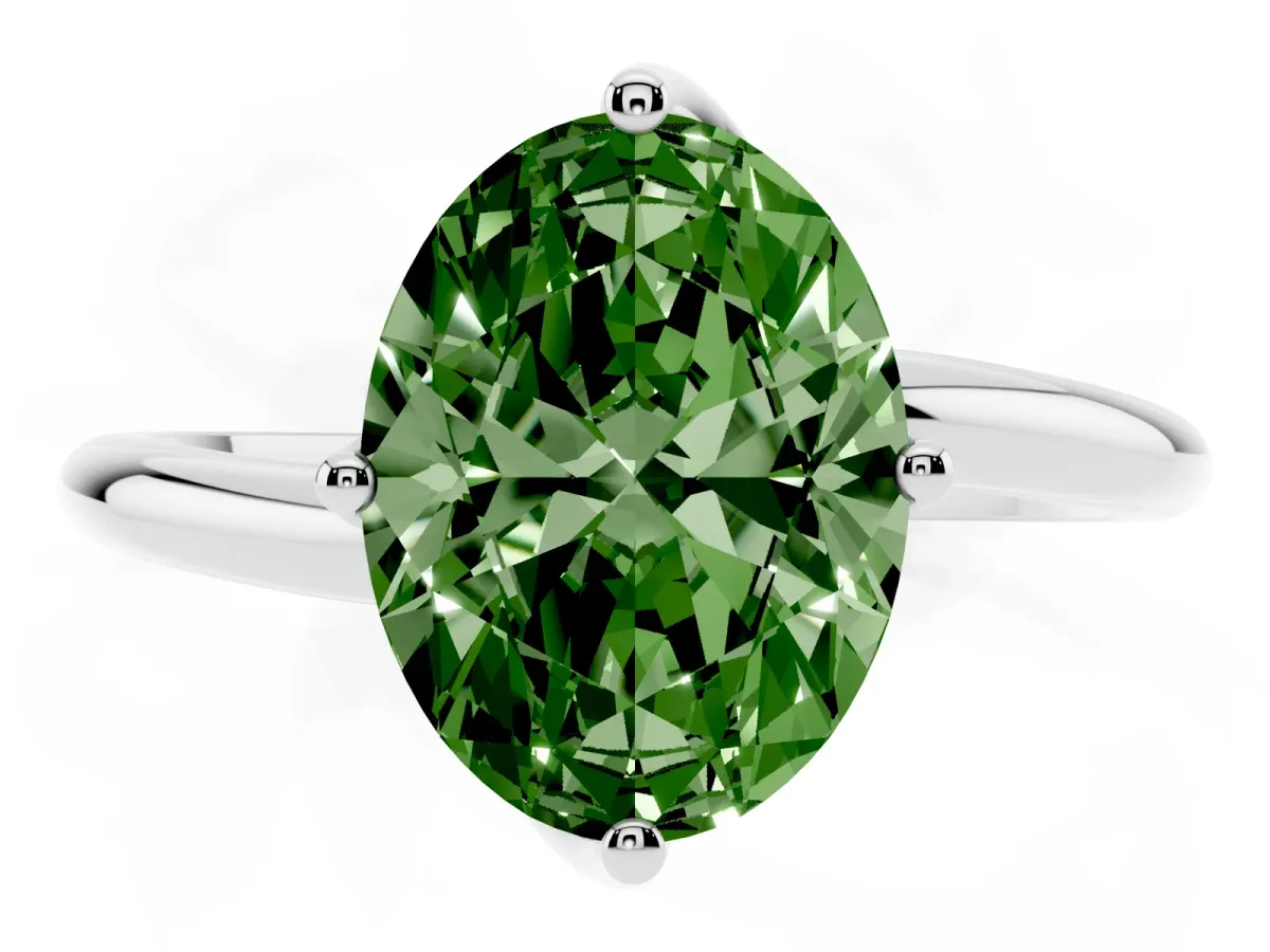 Fancy Green Oval Cut Diamond Solitaire Engagement Ring with Four-Prong Setting and Classic Band Platinum