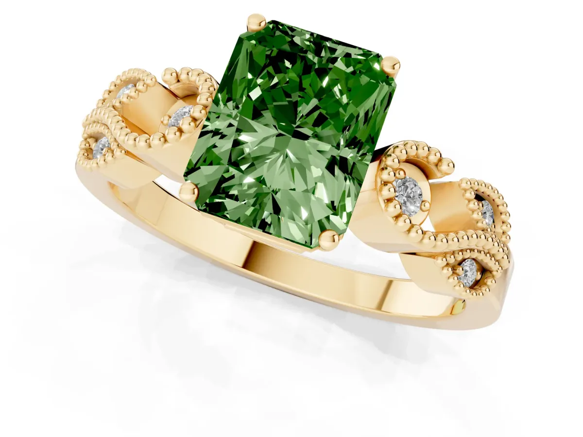 Fancy Green Radiant Cut Solitaire Milgrain Leaf Band with Prong Setting Yellow gold