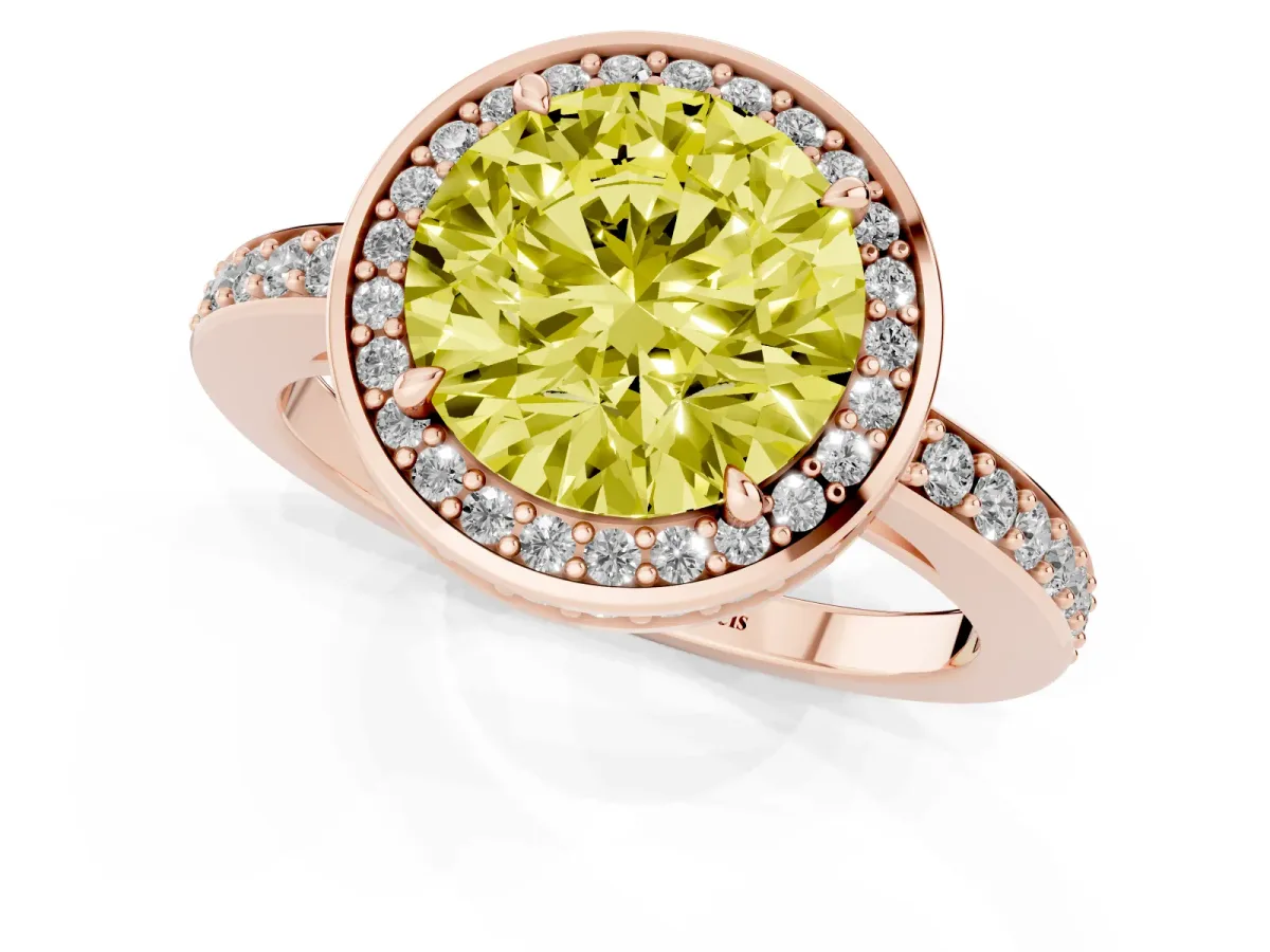 Fancy Yellow Round Cut Halo Pave Band Solitaire Ring with Prong Setting Rose gold