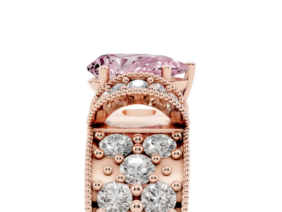 Fancy Pink Pear Cut Halo Pave Diamond Engagement Ring with Milgrain Detailing Rose gold