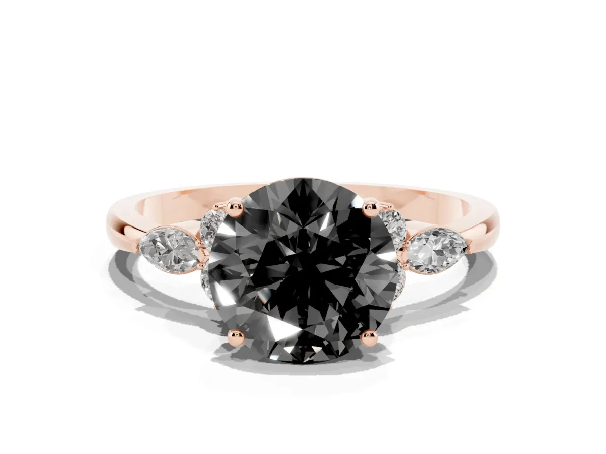 Fancy Black Round Cut Brilliant Diamond Solitaire Ring with Pear Side Stones and Four-Prong Setting Rose gold