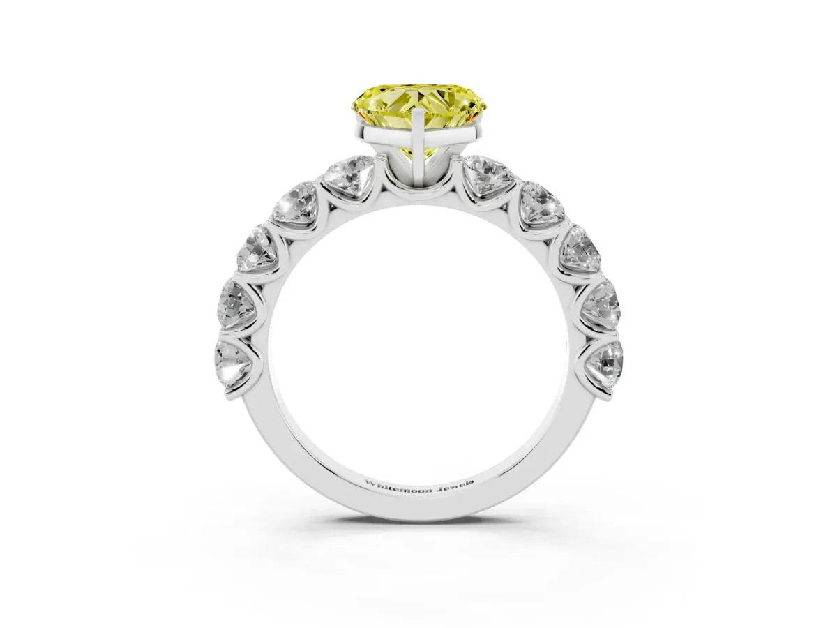 Fancy Yellow Heart Cut Diamond Prong Setting with Side Stones on a Pave Band Silver