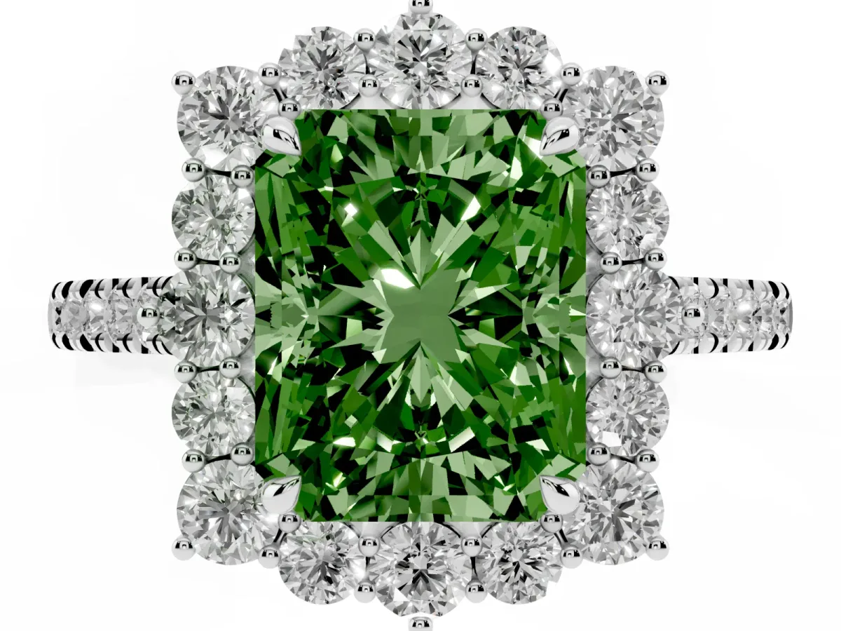 Fancy Green Radiant Cut Halo Diamond Ring with Pavé Band and Prong Setting Silver