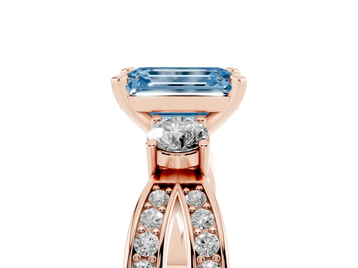 Fancy Blue Three-Stone Emerald Cut Cut Diamond Twist Band with Prong Setting Rose gold