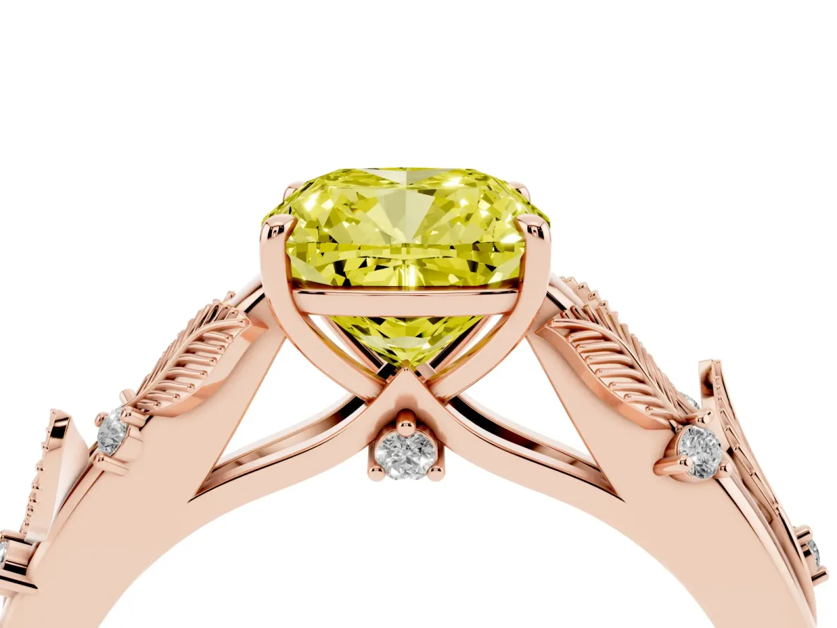 Fancy Yellow Cushion Cut Diamond Solitaire Ring with Leaf Motif Band and Four-Prong Setting Rose gold