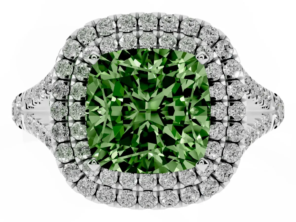 Fancy Green Cushion Cut Diamond Pavé Split Shank Double Halo Engagement Ring Silver