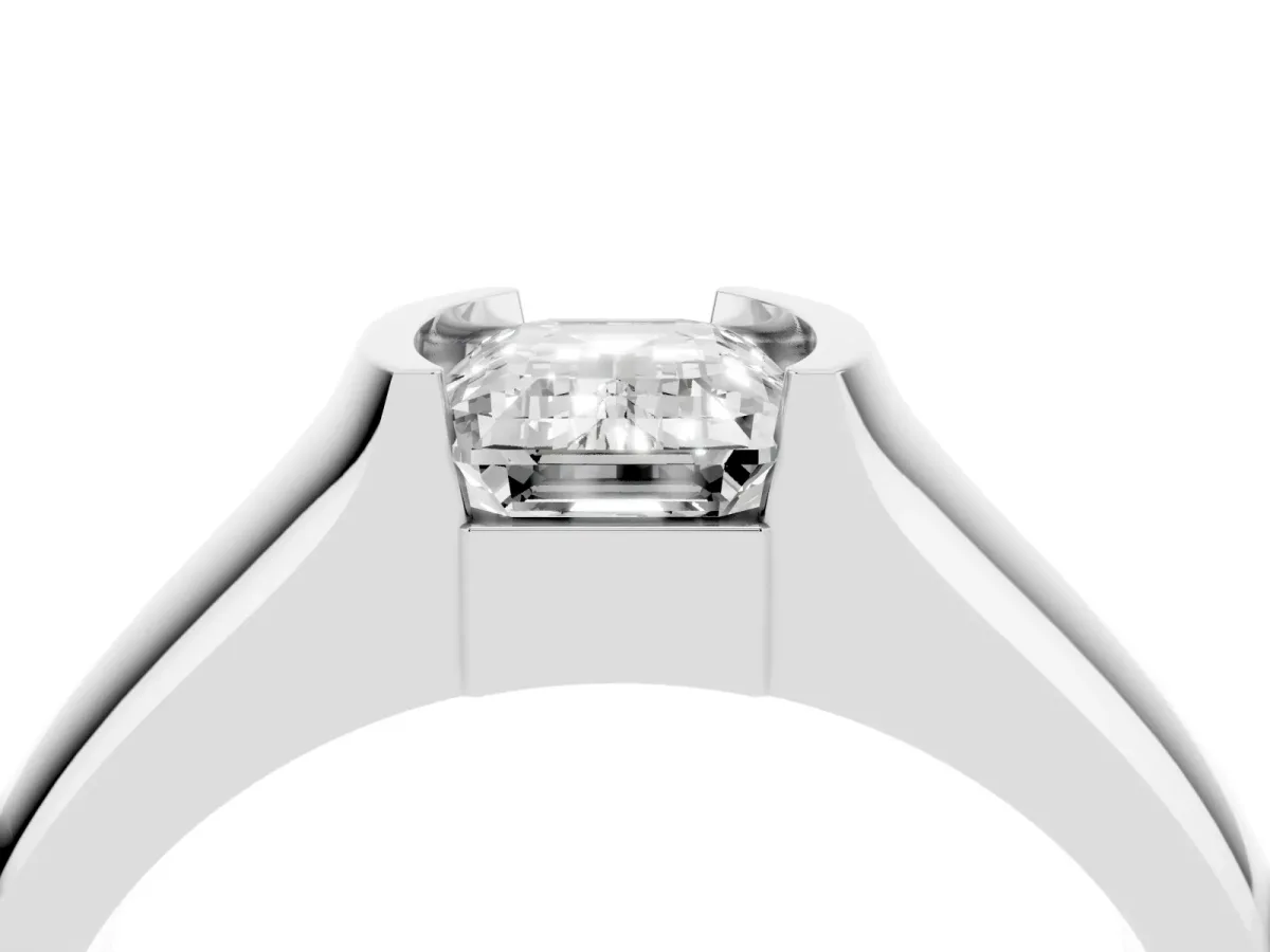Emerald Cut Solitaire Bezel Set Diamond Ring with Wide Band Silver