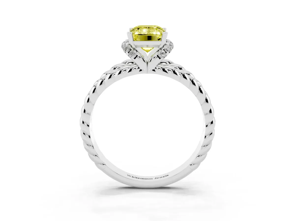 Fancy Yellow Emerald Cut Halo Twisted Band Four-Prong Ring Silver