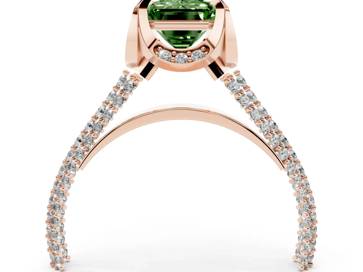 Fancy Green Emerald Cut Solitaire Pave Split Shank Ring with Four-Prong Setting Rose gold