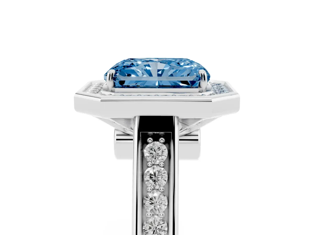 Fancy Blue Radiant Cut Halo Solitaire Diamond Ring with Pave Band and Bezel Setting White gold
