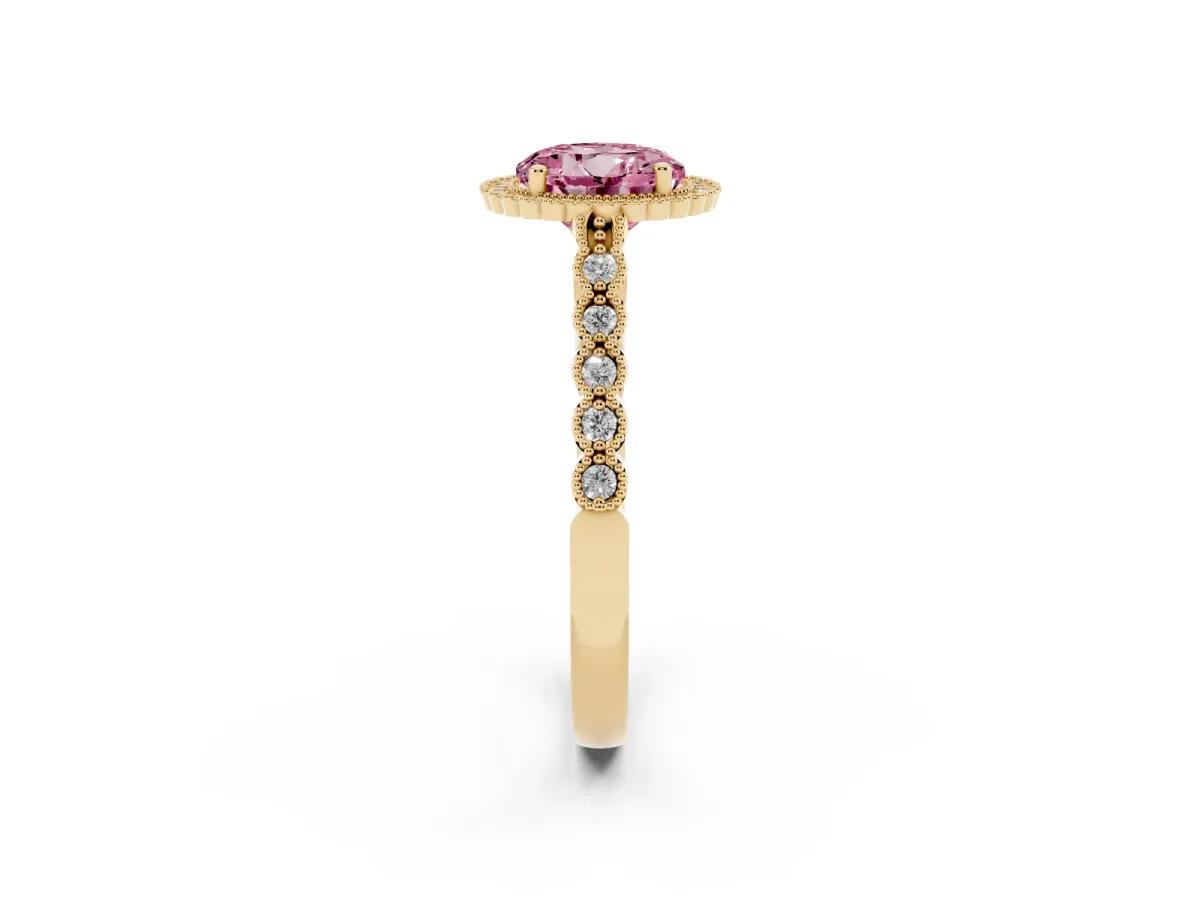 Fancy Pink Round Cut Cut Halo Pavé Solitaire Ring with Milgrain Band Yellow gold