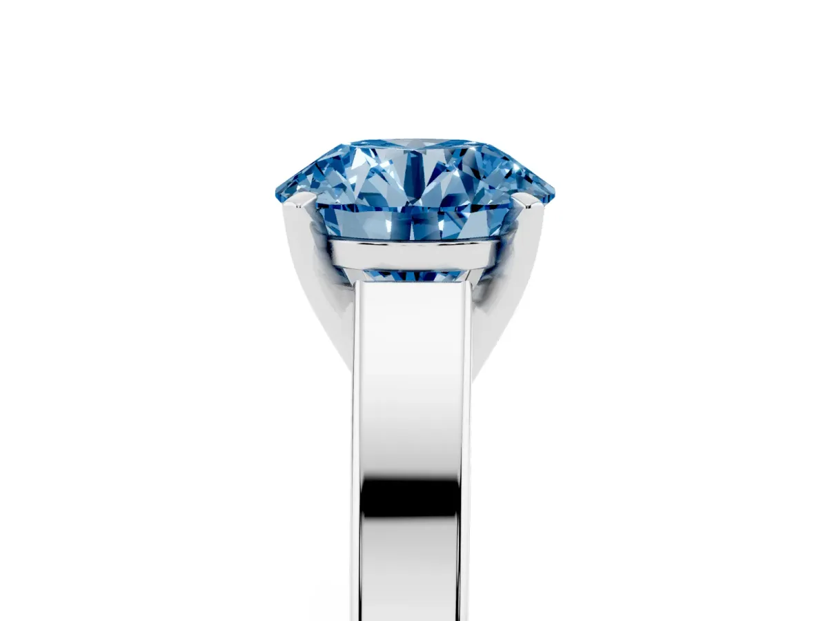 Fancy Blue Round Cut Solitaire Engagement Ring with Four-Prong Setting and Tapered Band Platinum