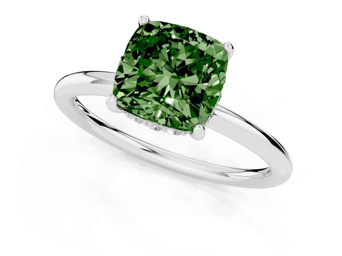 Fancy Green Cushion Cut Solitaire Diamond Ring with a Classic Band and Four-Prong Setting Silver
