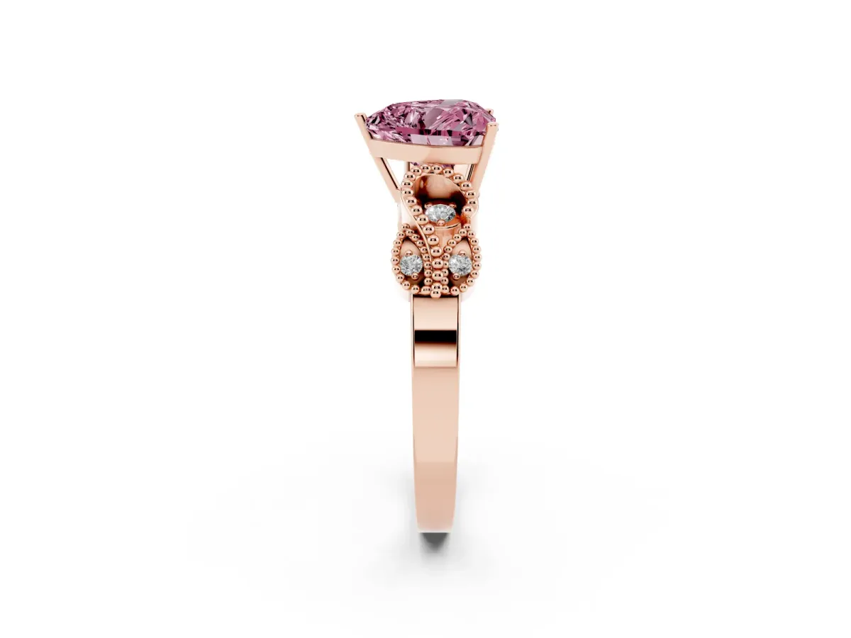 Fancy Pink Heart Cut Solitaire Milgrain Leaf Band with Prong Setting Rose gold