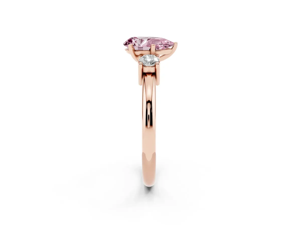 Fancy Pink Three-Stone Pear Cut Cut Diamond Solitaire with Prong Setting and Classic Band Rose gold