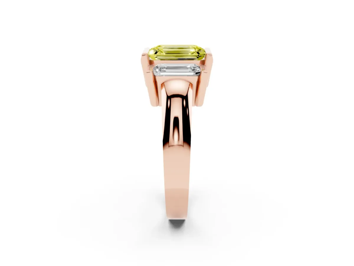Fancy Yellow Three Stone Emerald Cut Cut Channel Set Diamond Ring Rose gold