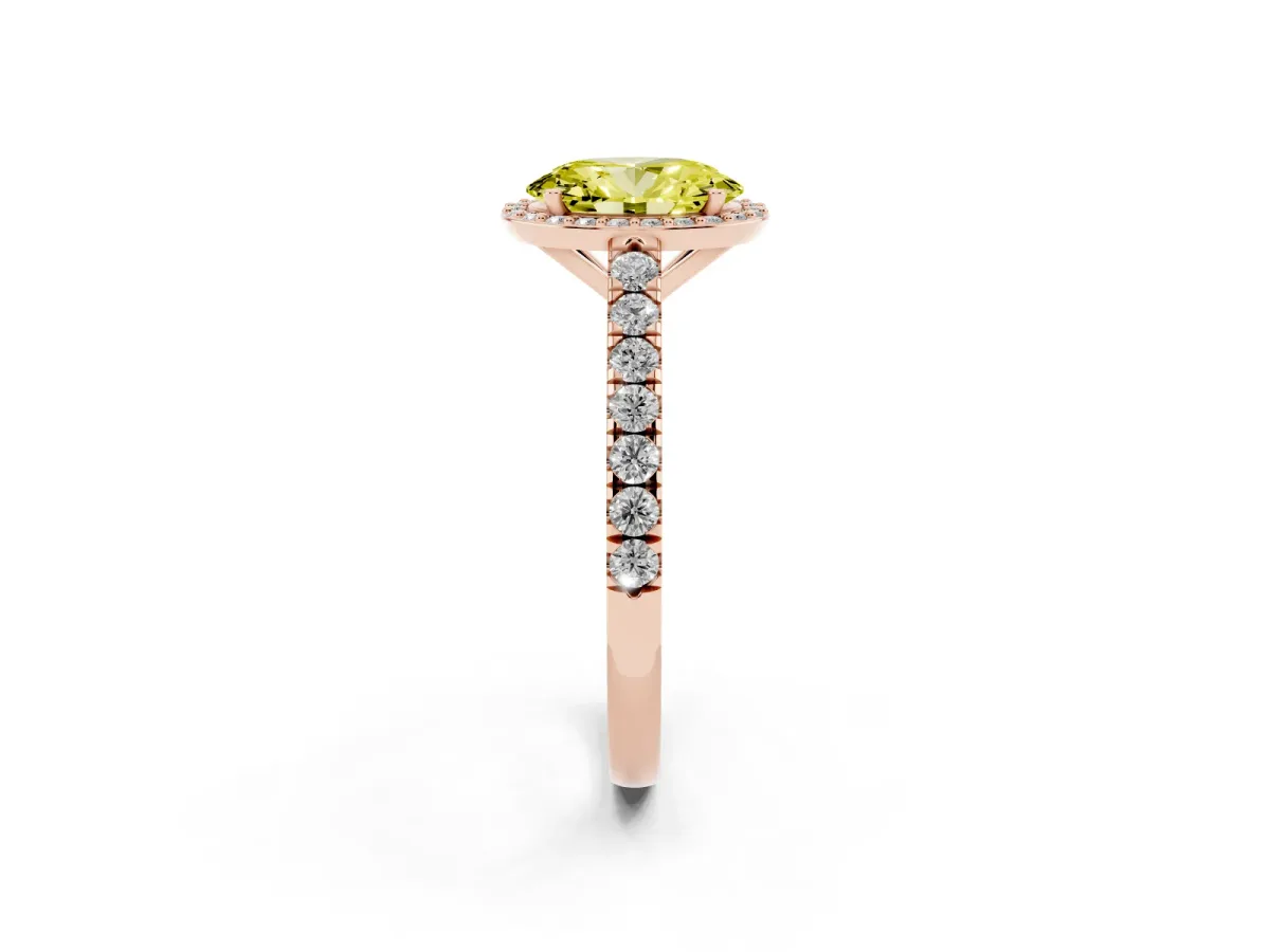 Fancy Yellow Oval Cut Cut Halo Diamond Engagement Ring with Pave Band and Four-Prong Setting Rose gold