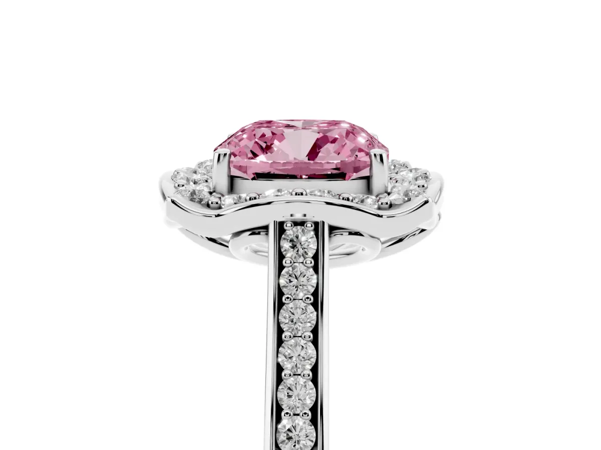 Fancy Pink Cushion Cut Halo Round Diamond Pave Band with Four-Prong Setting Platinum
