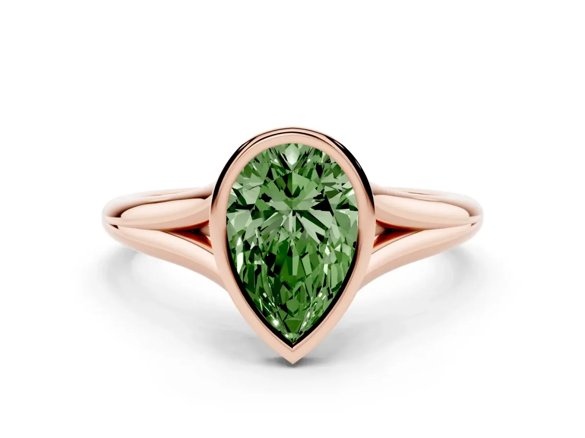 Fancy Green Bezel Set Pear Cut Cut Solitaire Ring with Tapered Band Rose gold