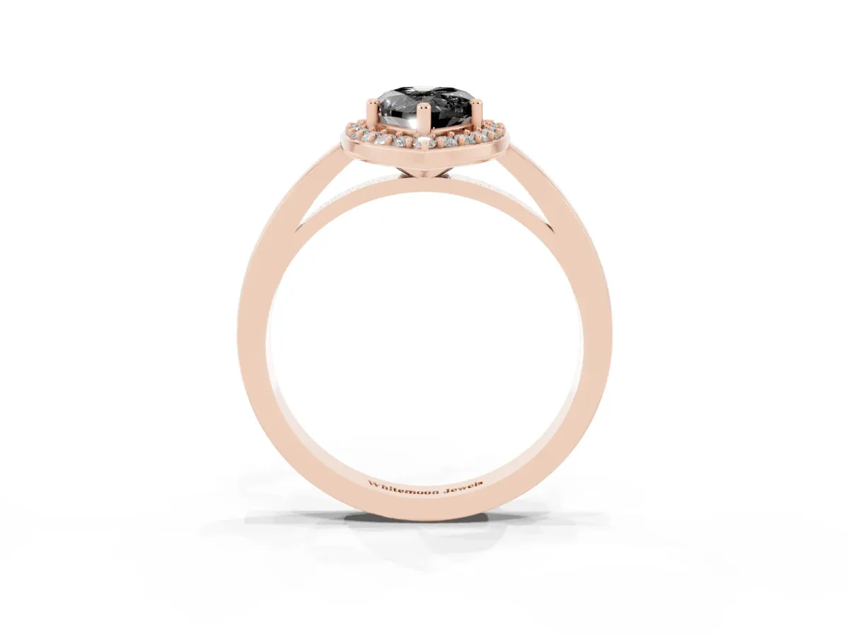 Fancy Black Pear Cut Halo Diamond Ring with Solitaire Band and Prong Setting Rose gold