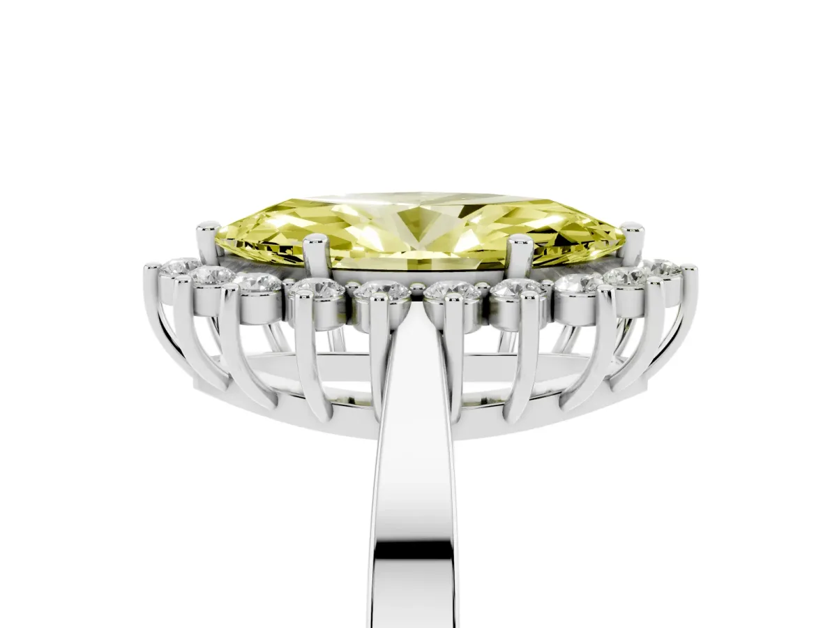 Fancy Yellow Marquise Cut Cut Diamond Halo Ring with Round Brilliant Halo and Solitaire Band Platinum