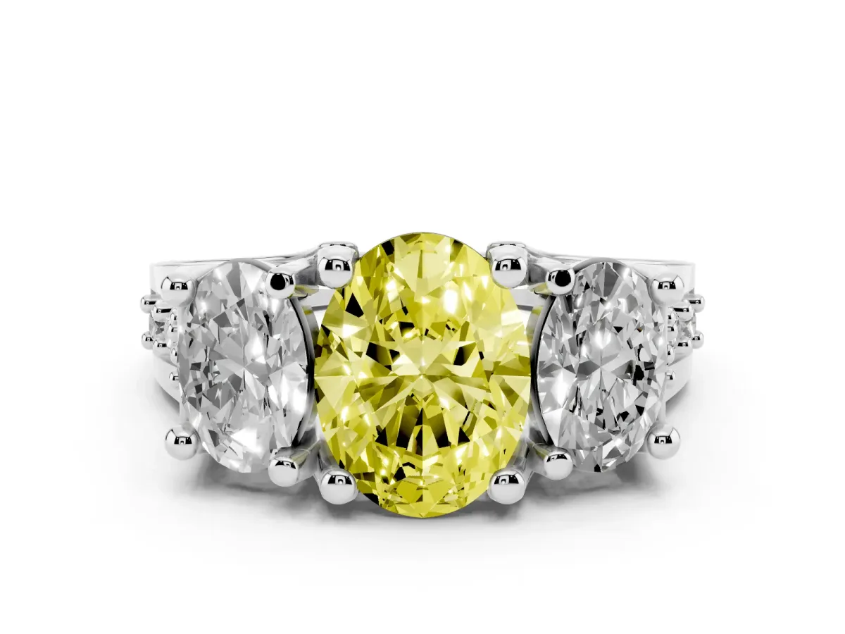 Fancy Yellow Oval Cut Diamond Three-Stone Ring with Channel Set Band and Four-Prong Setting Silver