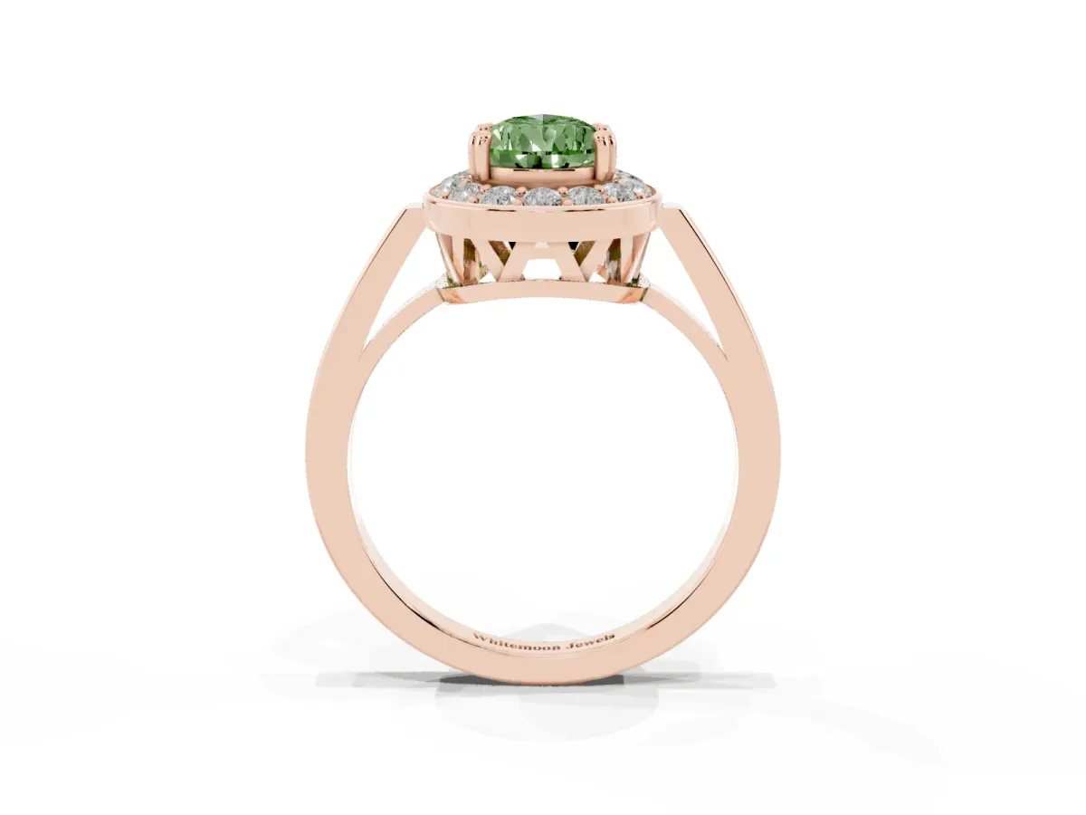 Fancy Green Pear Cut Diamond Halo Ring with Split Shank and Four-Prong Setting Rose gold