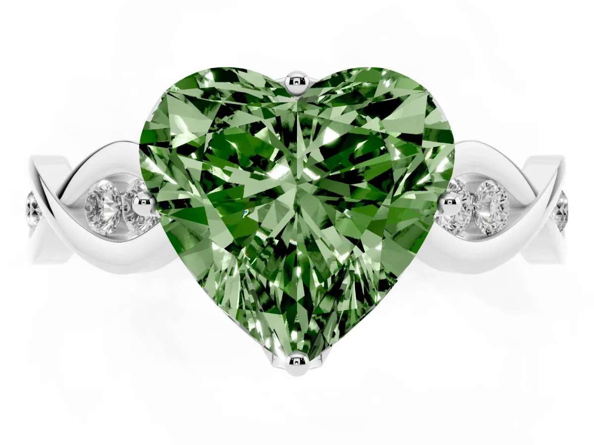 Fancy Green Heart Cut Solitaire Twist Band with Leaf Prong Setting Silver