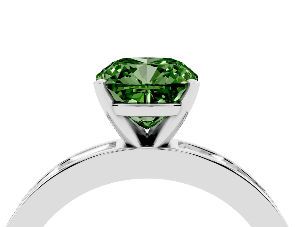 Fancy Green Cushion Cut Solitaire Diamond Ring with Channel-Set Baguette Band and Four-Prong Setting Silver
