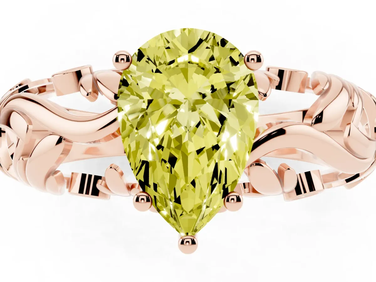 Fancy Yellow Pear Cut Solitaire Diamond Leaf-Inspired Vine Band Ring with Prong Setting Rose gold